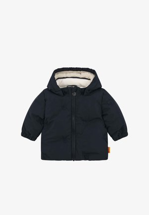 Chaqueta acolchada de color marino con capucha, que presenta un suave forro blanco, cierre de cremallera y un sutil bordado de oso en la parte delantera y en las mangas.