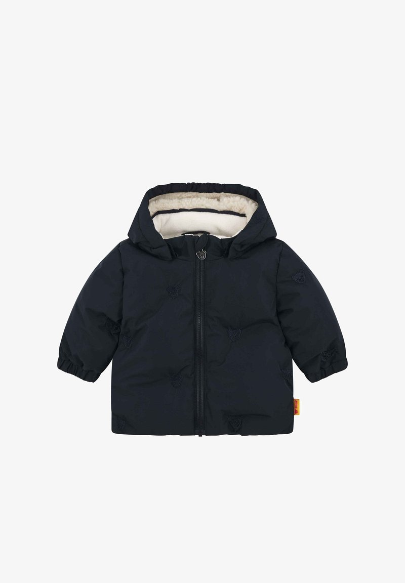 Chaqueta acolchada de color marino con capucha, que presenta un suave forro blanco, cierre de cremallera y un sutil bordado de oso en la parte delantera y en las mangas.