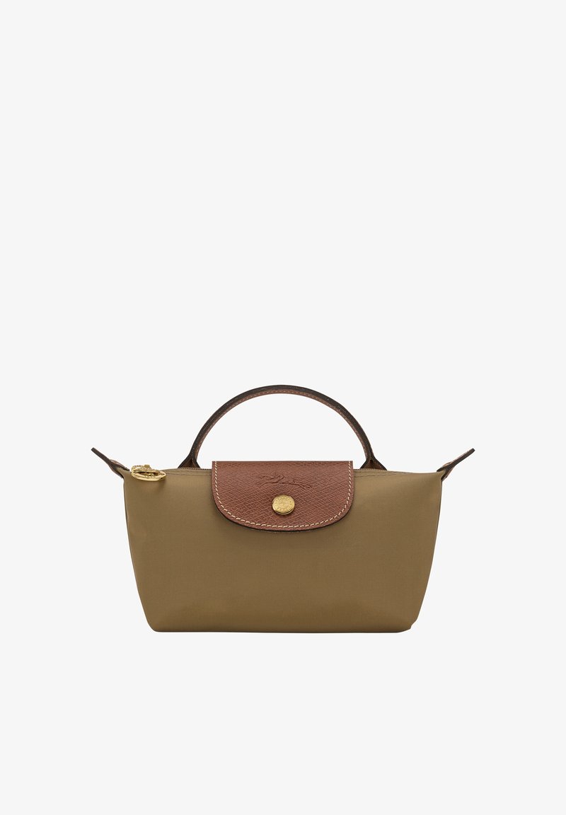 Small olive green handbag with brown leather flap, gold button, and short brown handle.