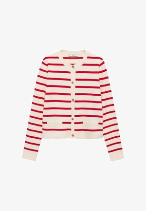 Cardigan a righe rosse e bianche, caratterizzato da un collo tondo, bottoni dorati e due tasche frontali. Tessuto morbido e maniche lunghe.