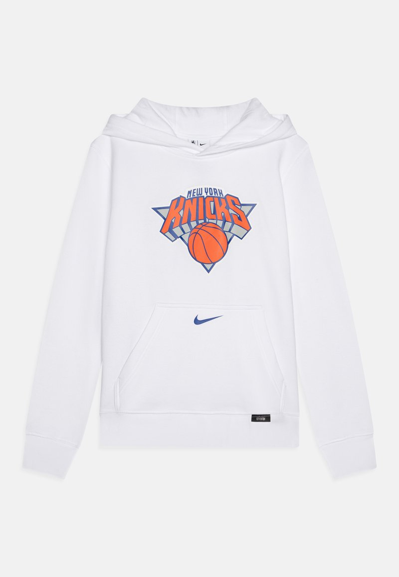Bela kapuca z grafiko New York Knicks, v oranžni in modri barvi, sprednji žep in majhen modri logotip Nike na robu.