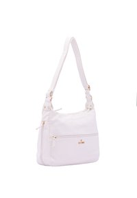 Sac à épaule en cuir blanc avec une finition texturée, accents en matériel doré, une poche zippée à l'avant et une bandoulière réglable.
