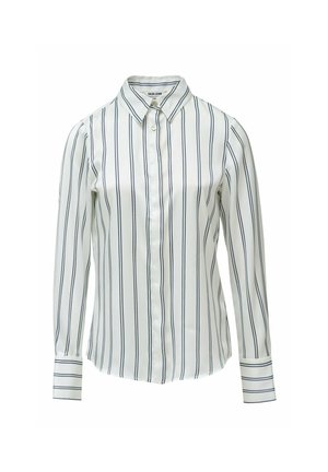 Camisa blanca de botones con finas rayas marinas, de mangas largas y con un cuello clásico. Tejido suave con un corte ajustado y mangas con puños.