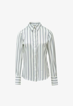 Camisa blanca de botones con finas rayas marinas, de mangas largas y con un cuello clásico. Tejido suave con un corte ajustado y mangas con puños.