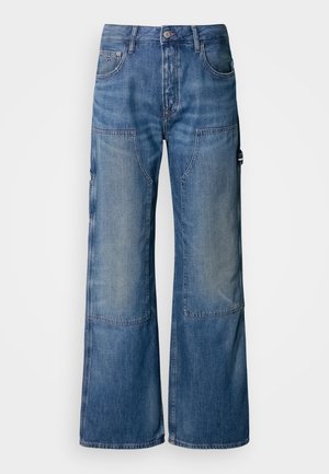 Bredde ben blå jeans lavet af denim, med en faldet finish, flere lommer og en knaplukning. Tekstureret med synlige sømme.