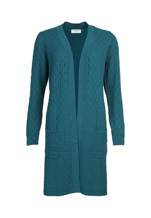 Türkisfarbener Strickcardigan mit langen Ärmeln, Rautenmuster, offener Vorderseite und zwei Vorderfächern. Hergestellt aus einem weichen Material mit gerippten Akzenten.