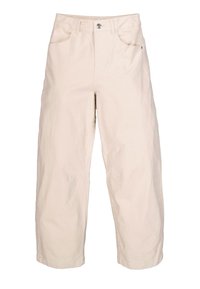 Pantalones de algodón beige con un ajuste relajado, piernas rectas, bolsillos delanteros y un único detalle de logo en la cinturilla.
