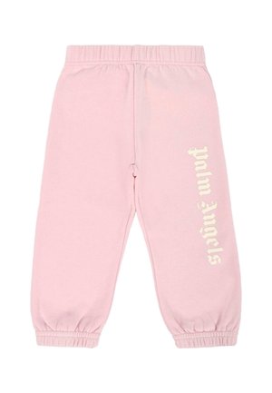 Pantaloni jogger rosa con vita e polsini elasticizzati, caratterizzati da testo bianco "Palm Angels" in un carattere stilizzato sulla gamba sinistra.