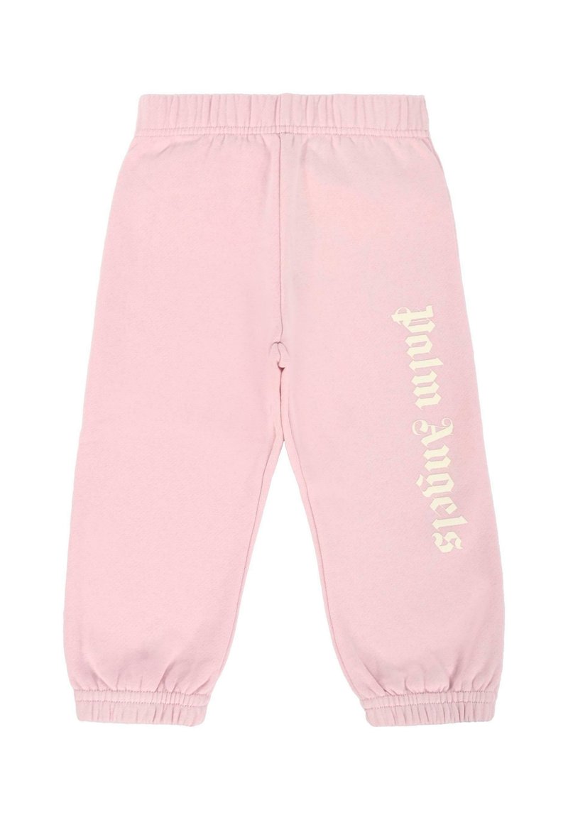 Różowe spodnie dresowe z elastycznym pasem i mankietami, z białym napisem "Palm Angels" w stylizowanej czcionce na lewej nodze.