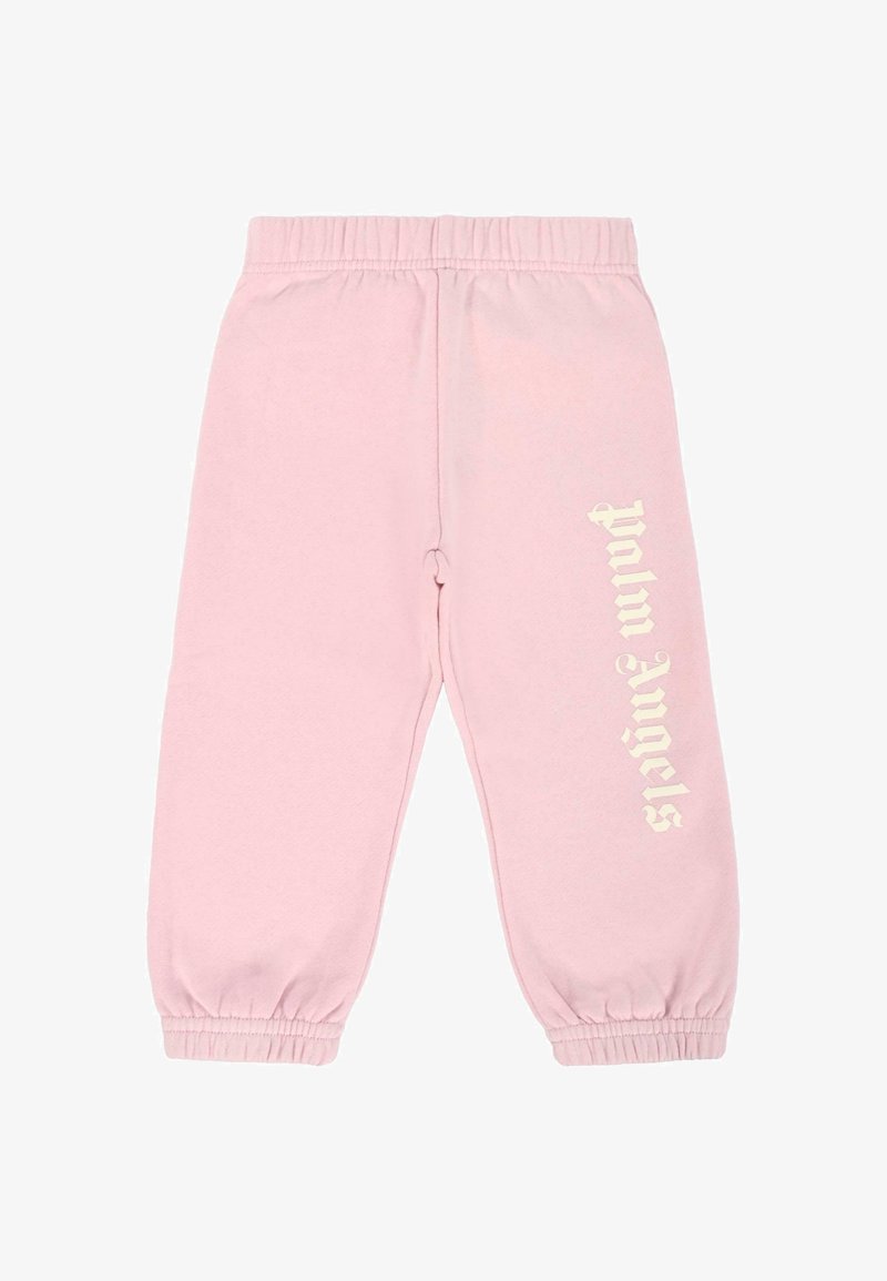 Pantalons de jogging roses avec ceinture élastique et poignets élastiques, arborant le texte blanc "Palm Angels" dans une police stylisée sur la jambe gauche.