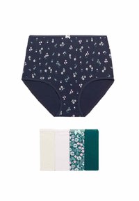 Braguitas de algodón de cintura alta en color navy con un estampado floral en blanco y rosa, con un detalle de lazo. Cuatro pares adicionales de colores sólidos a continuación.