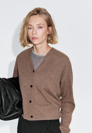 Cardigan marrone con scollatura a V, maniche lunghe e bottoni neri. Indossato sopra un top grigio, abbinato a una borsa nera. Texture liscia.