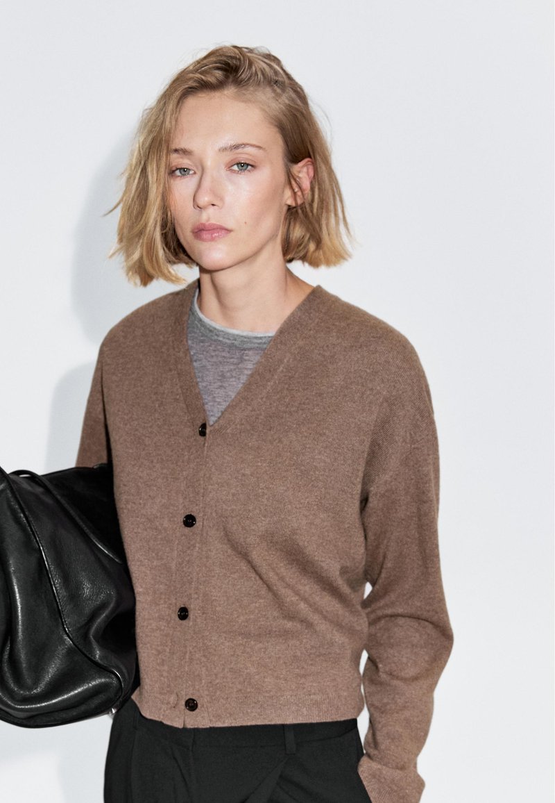 Cardigan marrone con scollatura a V, maniche lunghe e bottoni neri. Indossato sopra un top grigio, abbinato a una borsa nera. Texture liscia.