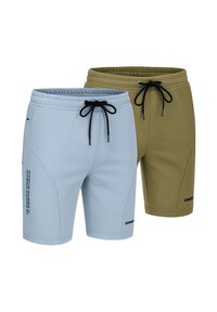 To sæt atletiske shorts: én lyseblå, én olivengrøn. Begge har elastisk talje med snørre og glat, sømløst stof med diskret branding.