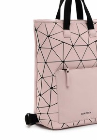 Borsa a tote rosa con motivo geometrico nero, dotata di manici in tessuto e una tasca anteriore con cerniera. Realizzata in materiale sintetico.