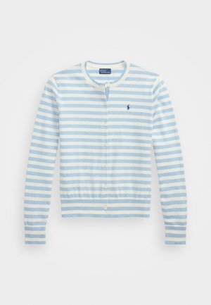 Lichtblauw-wit horizontaal gestreepte lange mouwen cardigan met ronde hals, knopen aan de voorkant en klein geborduurd logo op de linkerborst.