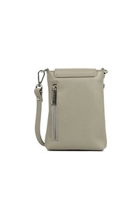 Grey leather crossbody bag with a zippered front pocket, smooth texture, adjustable strap, and a minimalistic rectangular design.