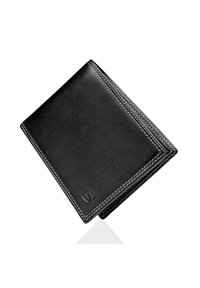 Black leather wallet with white stitching. Features a textured surface and a debossed logo on the front. Compact, folded design.