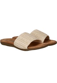 Sandales à brides tissées en beige avec un dessus texturé et une semelle intérieure douce de couleur marron. Semelle plate avec un design décontracté à bout ouvert.