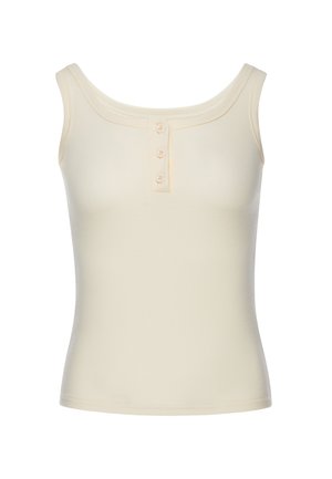 Ærmeløs cremefarvet ribbet tanktop med tre små knapper på den foran midterste stolpe og en bred scoop-udskæring.