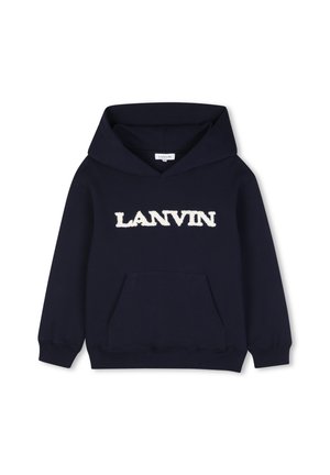 Sweat à capuche bleu marine avec texte blanc "LANVIN" sur la poitrine et une poche kangourou à l'avant, présenté sur fond blanc.