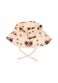 Ljusrosa bucket hat med mönster av katt- och tassavtryck, som har solglasögon och snören. Tillverkad av mjukt tyg, har den en bred, floppy brätte.