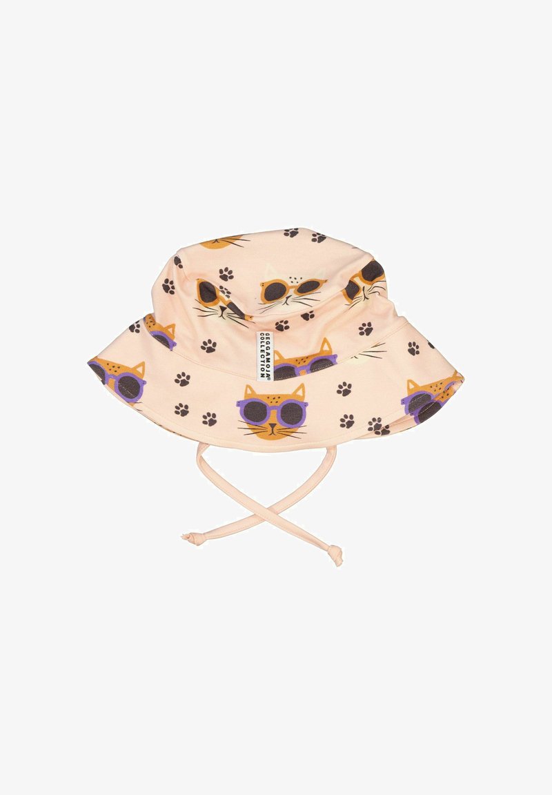 Light pink bucket hat with cat and paw print patterns, featuring sunglasses and ties. Made from soft fabric, it has a wide, floppy brim.
