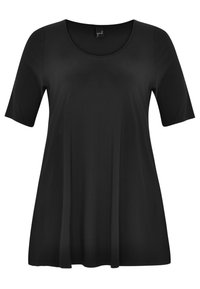 Sort kortærmet top lavet af glat stof. Har en rund halsudskæring og en løs, svævende pasform med en lige kant.