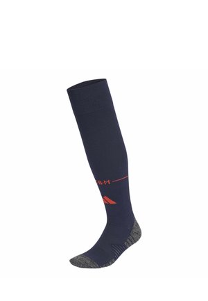 Enkele marineblauwe kniekous met grijze teen- en hielzones en rood logo en letters op de kuit.