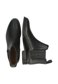 Bottines en cuir noir avec des côtés texturés, des empiècements élastiques et un petit talon. Fini lisse avec un léger éclat et une construction durable.