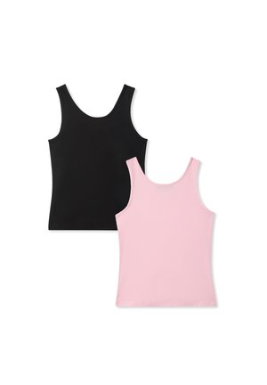 Canotte nera e rosa in tessuto morbido, con spalline larghe, scollatura a girocollo e design aderente; nessun motivo o dettaglio visibile.