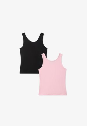 Canotte nera e rosa in tessuto morbido, con spalline larghe, scollatura a girocollo e design aderente; nessun motivo o dettaglio visibile.