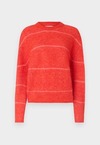 Red knitted sweater with a round neckline, long sleeves, and horizontal white stripes. Textured fabric with a soft appearance.