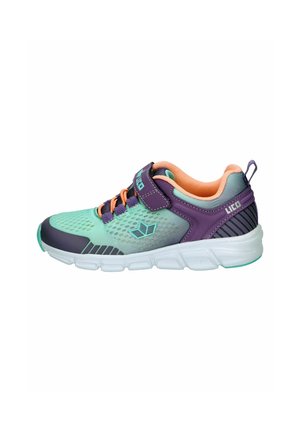 Children's athletic shoe in teal, purple, and peach with Velcro strap, laces, and white sole, side view against white background.