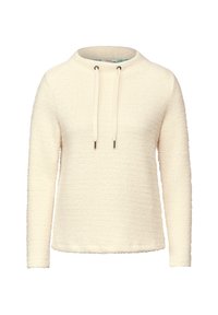 Pull en polaire crème avec une finition texturée, doté d'un col rond et de détails à cordons. Manches longues et design à coupe décontractée.