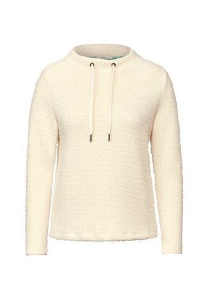 Pull en polaire crème avec une finition texturée, doté d'un col rond et de détails à cordons. Manches longues et design à coupe décontractée.