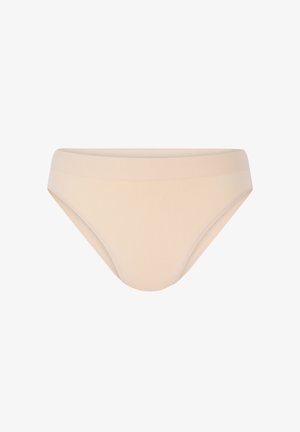 Beige cotton brief with a smooth texture, low-rise design, and wide elastic waistband. Minimal seams create a clean silhouette.
