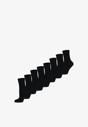 Black ribbed crew socks arranged in a row. Features a textured surface and elastic cuffs. Seven pairs displayed against a white background.