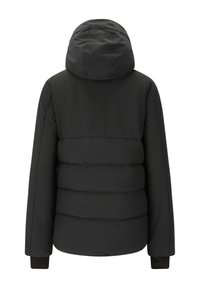 Zwarte gewatteerde jas met capuchon, uitgerust met horizontale gestikte secties, elastische manchetten en een gladde, matte afwerking.