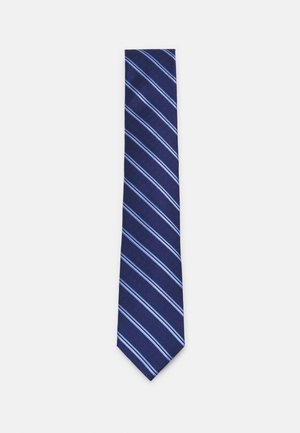 Halsband in Marineblau mit diagonalen hellblauen Streifen. Verfügt über ein strukturiertes Muster und eine spitze Kante. Das Material ist glatt und gewebt.