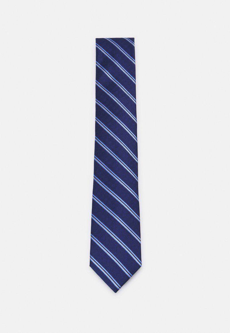 Halsband in Marineblau mit diagonalen hellblauen Streifen. Verfügt über ein strukturiertes Muster und eine spitze Kante. Das Material ist glatt und gewebt.