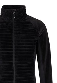 Veste polaire noire avec texture côtelée horizontale sur le devant, manches en tissu lisse, col montant et fermeture éclair à l'avant.