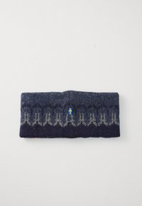 Blue and gray knitted headband with geometric pattern and small Swedish flag tag on white background.