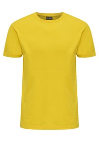 T-shirt gialla a maniche corte in cotone, con scollatura rotonda e superficie liscia. Nessun motivo o design visibile.