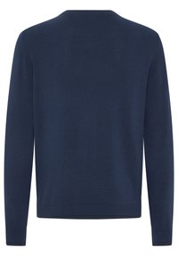 Marineblauer Strickpullover mit langen Ärmeln und Rundhalsausschnitt. Hat gerippte Bündchen und Saum, eine glatte Textur und keine sichtbaren Muster.