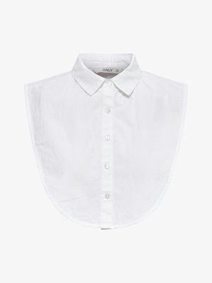 White cotton collar bib with a button-down front, rounded edges, and short cape-like sleeves. Features a classic pointed collar design.