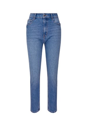 Jeans in denim azzurro chiaro con vita alta, taglio dritto, cinque tasche e chiusura zip. Presenta dettagli di cucitura sulle tasche.