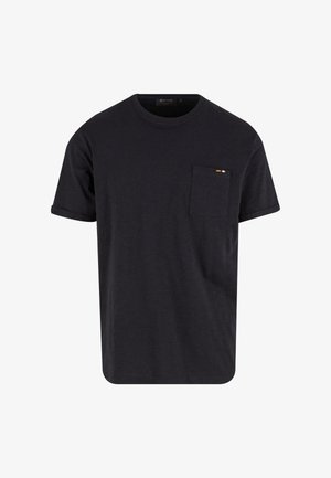 Black short-sleeve t-shirt made of cotton with a relaxed fit. It features a chest pocket and subtle colored accents on the pocket.