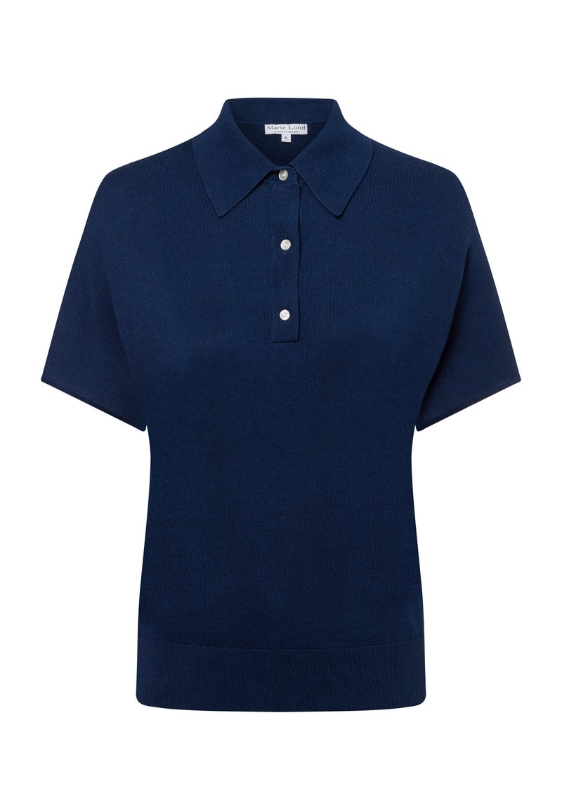 Donkerblauwe polo t-shirt met korte mouwen, een kraag en een drieknoopsluiting. Gedeeltelijk gladde textuur, aansluitende tailleband en simpel ontwerp.