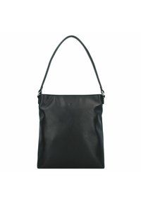 Sac en cuir noir avec une texture lisse, grand compartiment principal et une seule poignée courbée. Design minimaliste avec un logo discret.
